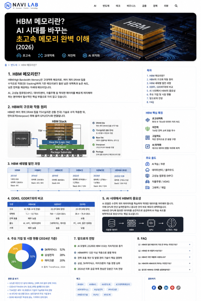 "HBM 메모리란? AI 시대를 바꾸는 초고속 메모리 완벽 이해 (2026)" 8 HBM구조